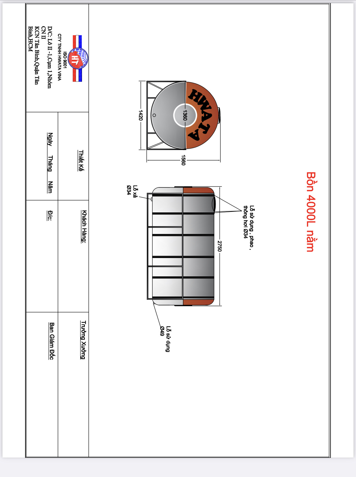 ban ve bon nuoc inox hwata 4000l ngang